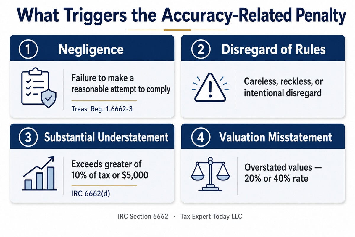 Four grounds that trigger the IRS accuracy-related penalty under IRC Section 6662: negligence, disregard of rules, substantial understatement, valuation misstatement