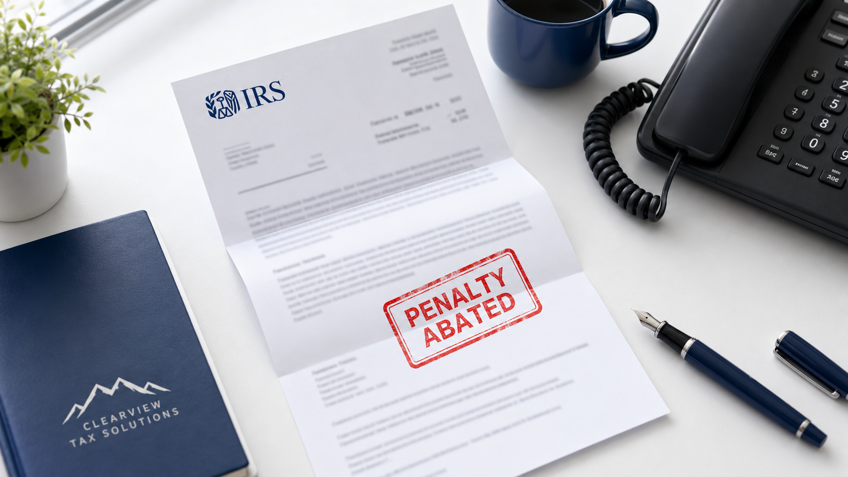 IRS notice with First-Time Penalty Abatement approval stamp on a tax advisor's desk