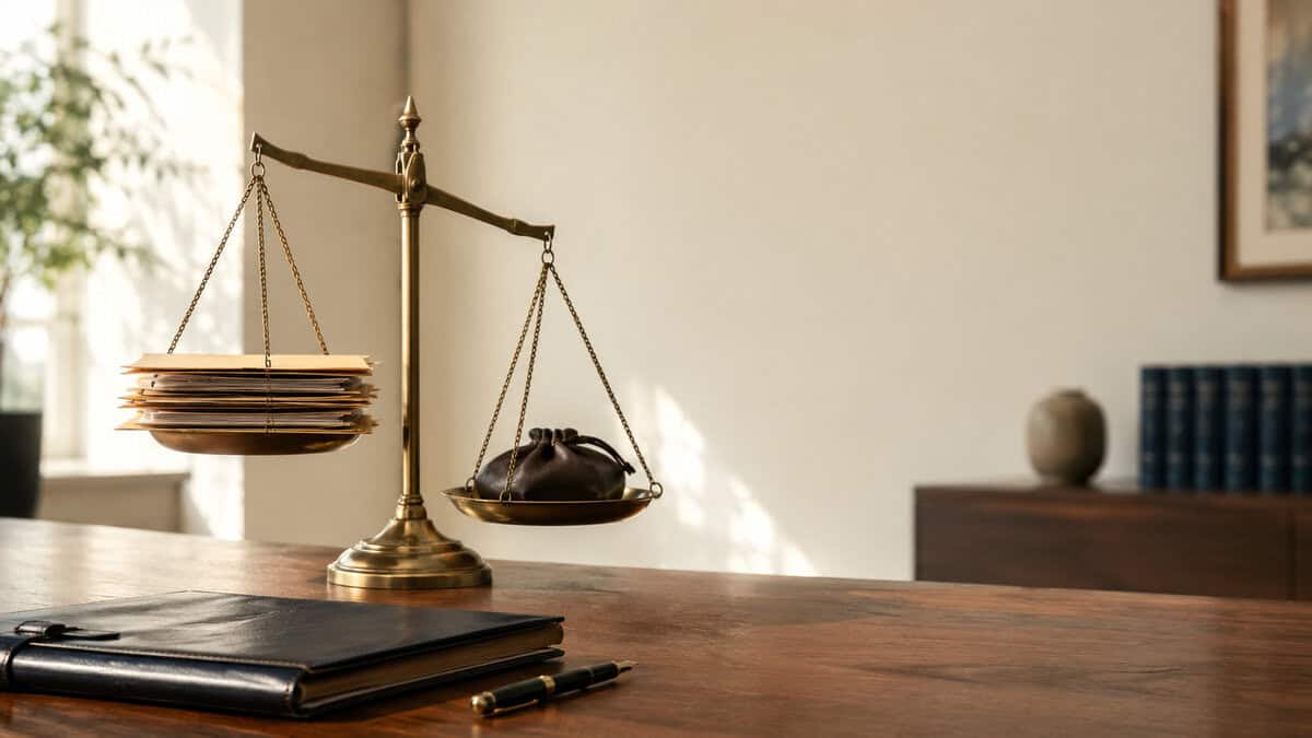 Vintage brass balance scale on a walnut desk with manila folders representing the IRS Offer in Compromise program balancing tax liability against reasonable collection potential