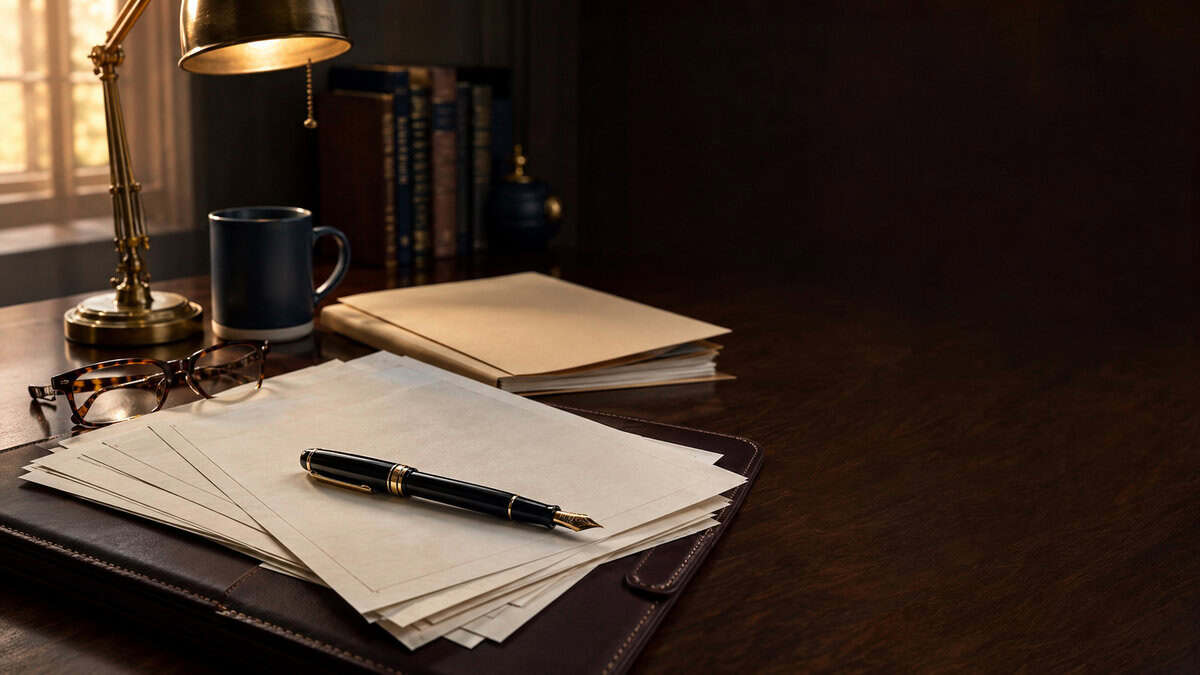 IRS Form 656 Offer in Compromise paperwork on a walnut desk with fountain pen, tortoiseshell reading glasses, and brass desk lamp in warm golden light