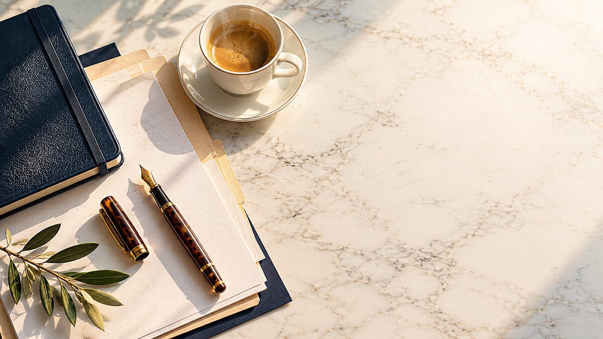 Overhead flat lay of IRS Offer in Compromise application documents, leather notebook, tortoiseshell fountain pen, and porcelain espresso cup on a marble desk