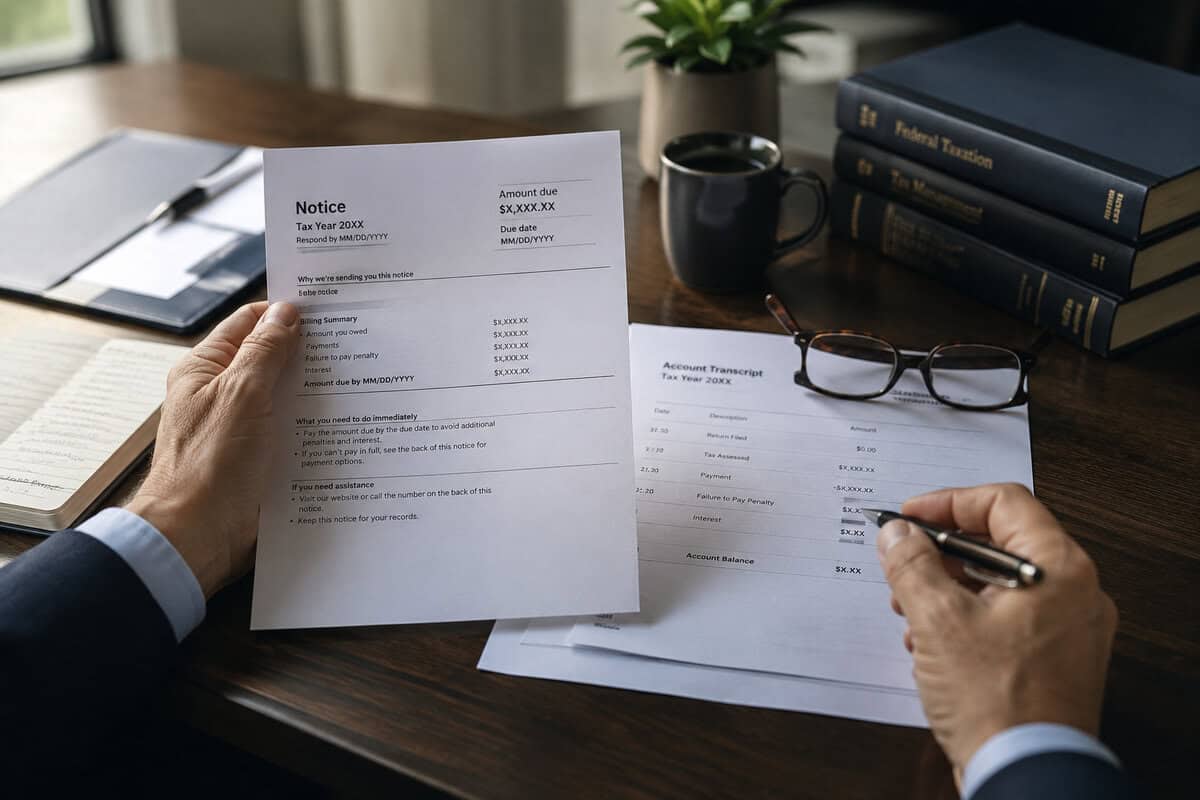 Tax advisor reviewing an IRS accuracy-related penalty notice and account transcript