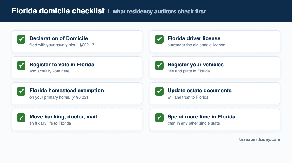 Florida domicile checklist: Declaration of Domicile, driver license, voter registration, homestead exemption, estate documents, and day count
