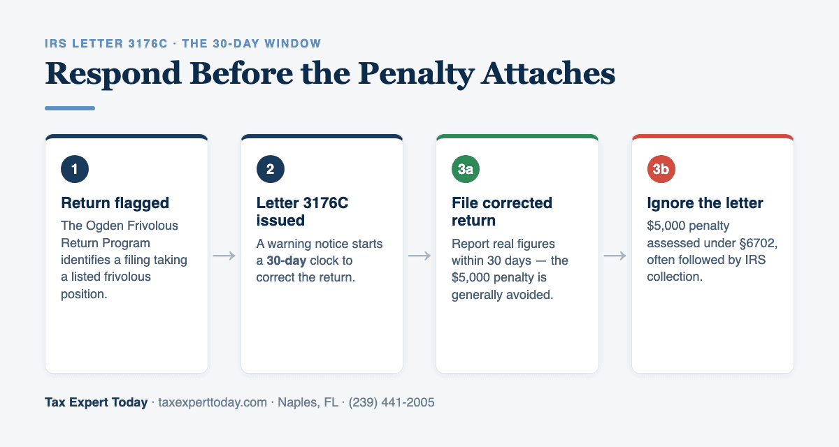 IRS Letter 3176C gives 30 days to file a corrected return before the $5,000 frivolous penalty attaches