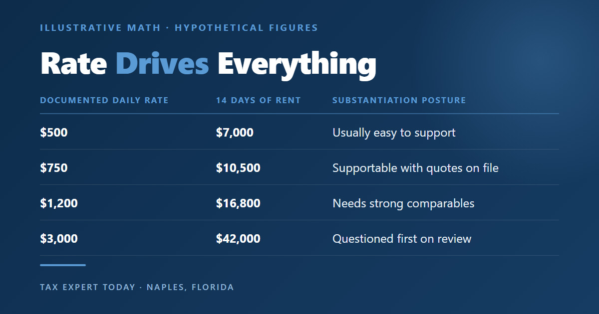 Augusta Rule hypothetical daily rate math showing 14 days of rent at four documented rates