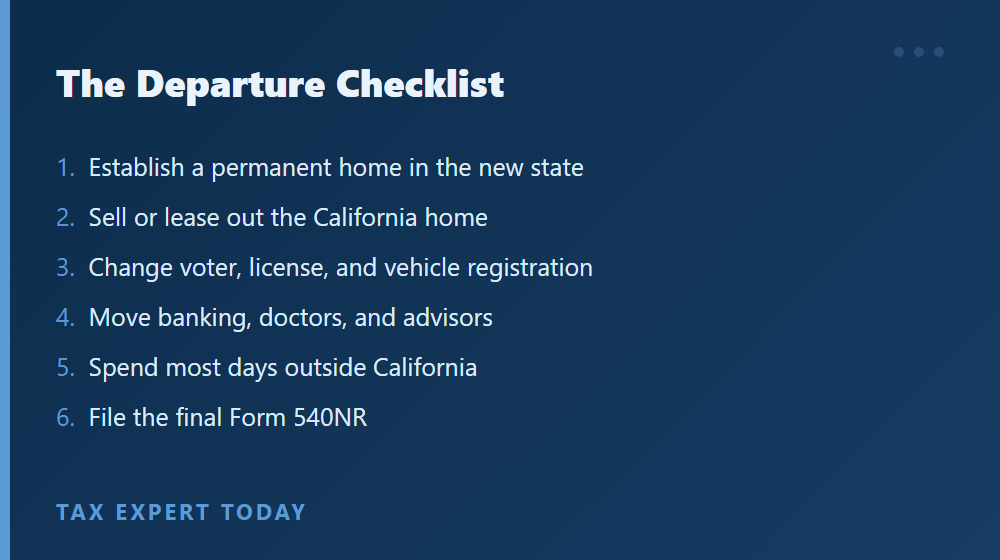 California tax departure checklist steps from establishing a new home to filing Form 540NR