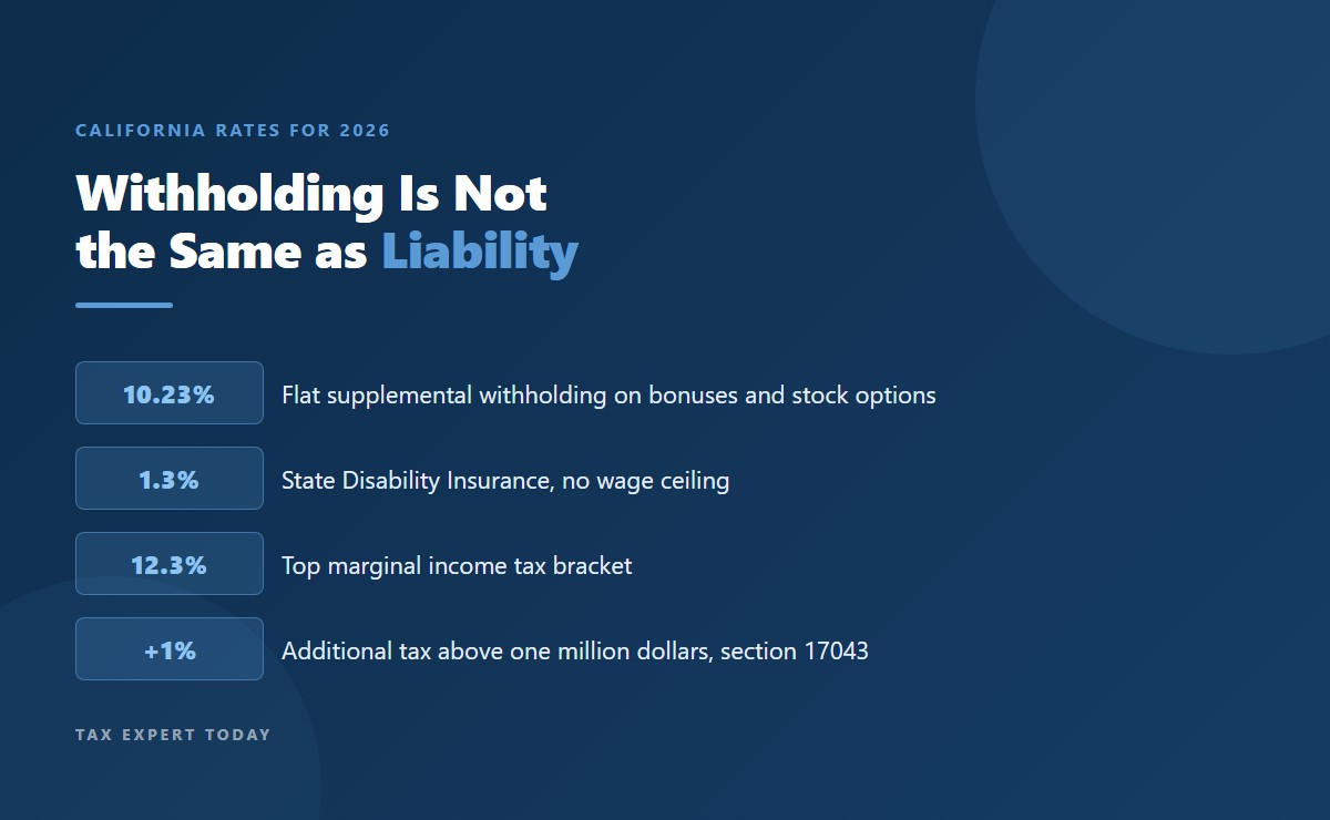 California 2026 withholding rates on stock options, SDI, top bracket and the 1 percent additional tax