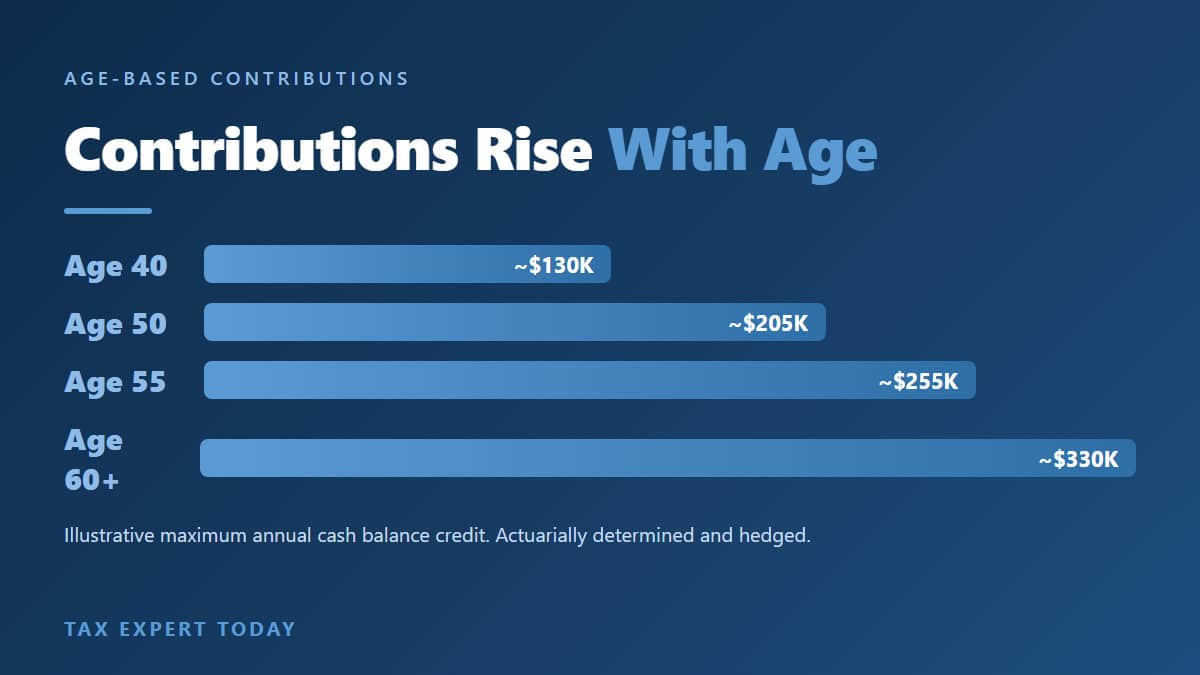 Cash balance plan contributions rise with age: illustrative maximum annual credit by owner age for 2026