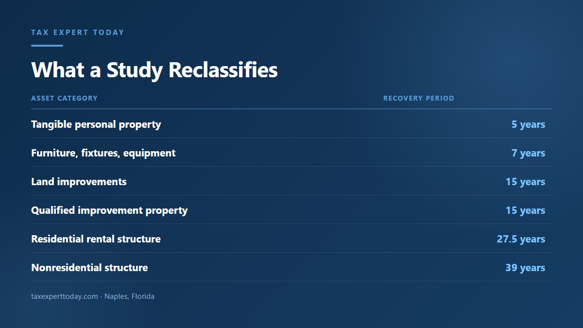 What a cost segregation study reclassifies: 5, 7, 15, 27.5, and 39 year recovery periods