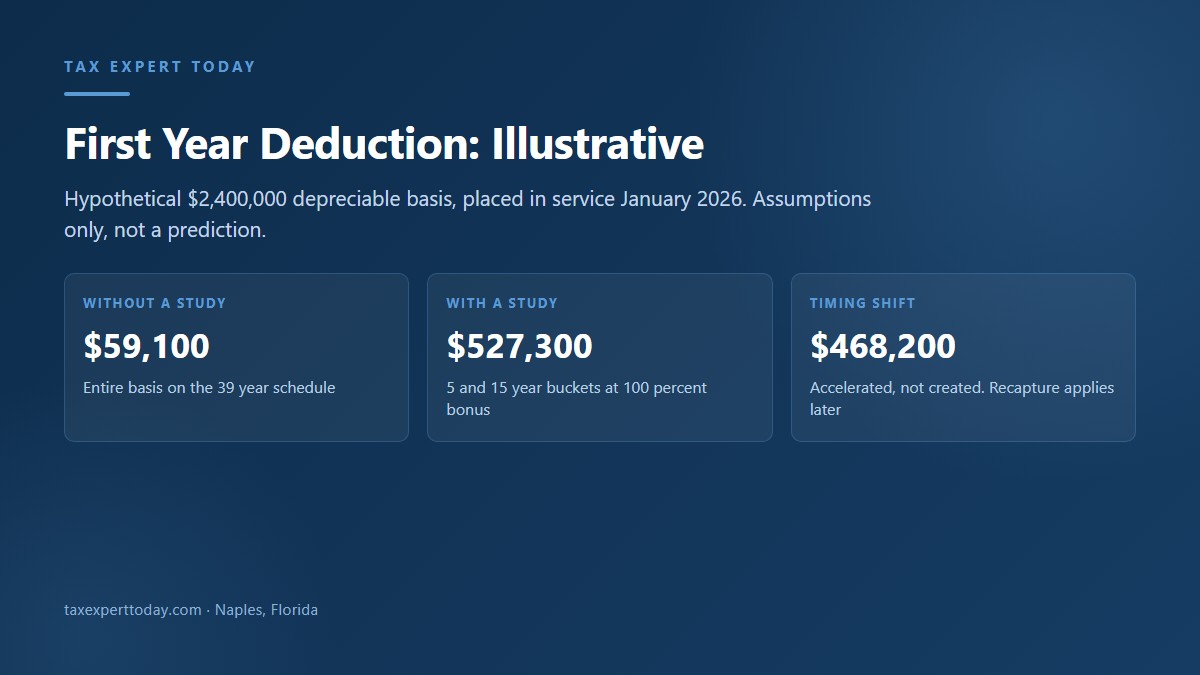 Illustrative first year depreciation with and without a cost segregation study in 2026