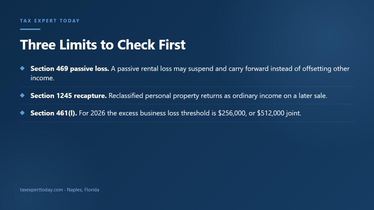 Three limits to check before a cost segregation study: Section 469, Section 1245 recapture, Section 461(l)