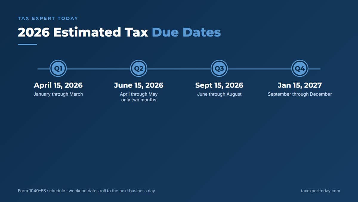 2026 quarterly estimated tax due dates: April 15, June 15, and September 15, 2026, and January 15, 2027