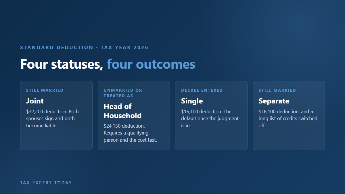 Four divorce filing status options with the 2026 standard deduction for each