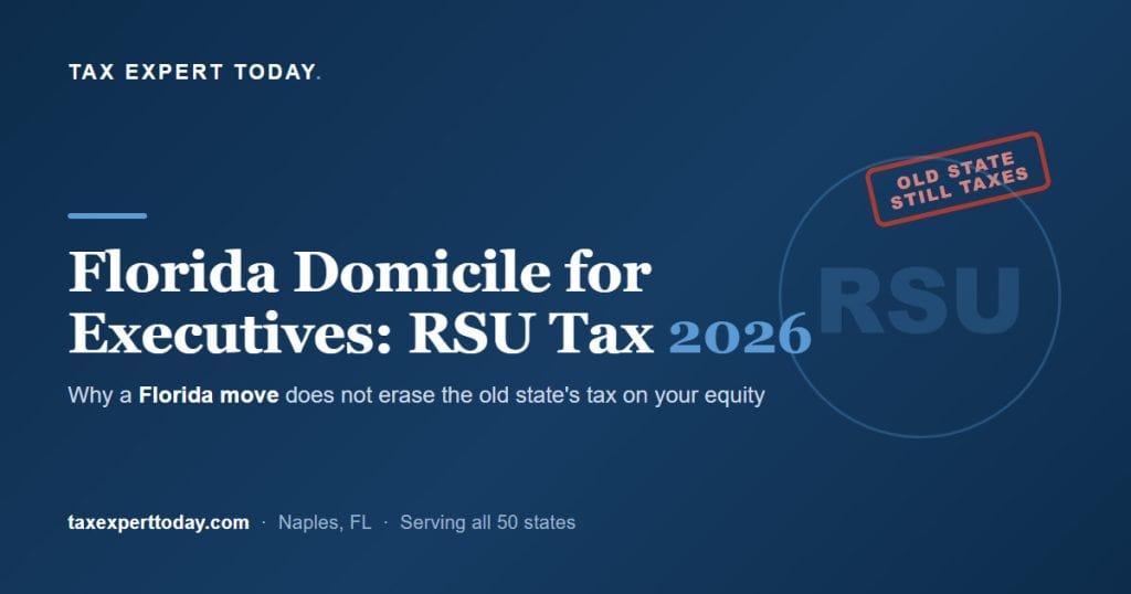 Florida domicile for executives and RSU tax in 2026, showing why a Florida move does not erase the old state's tax on your equity compensation
