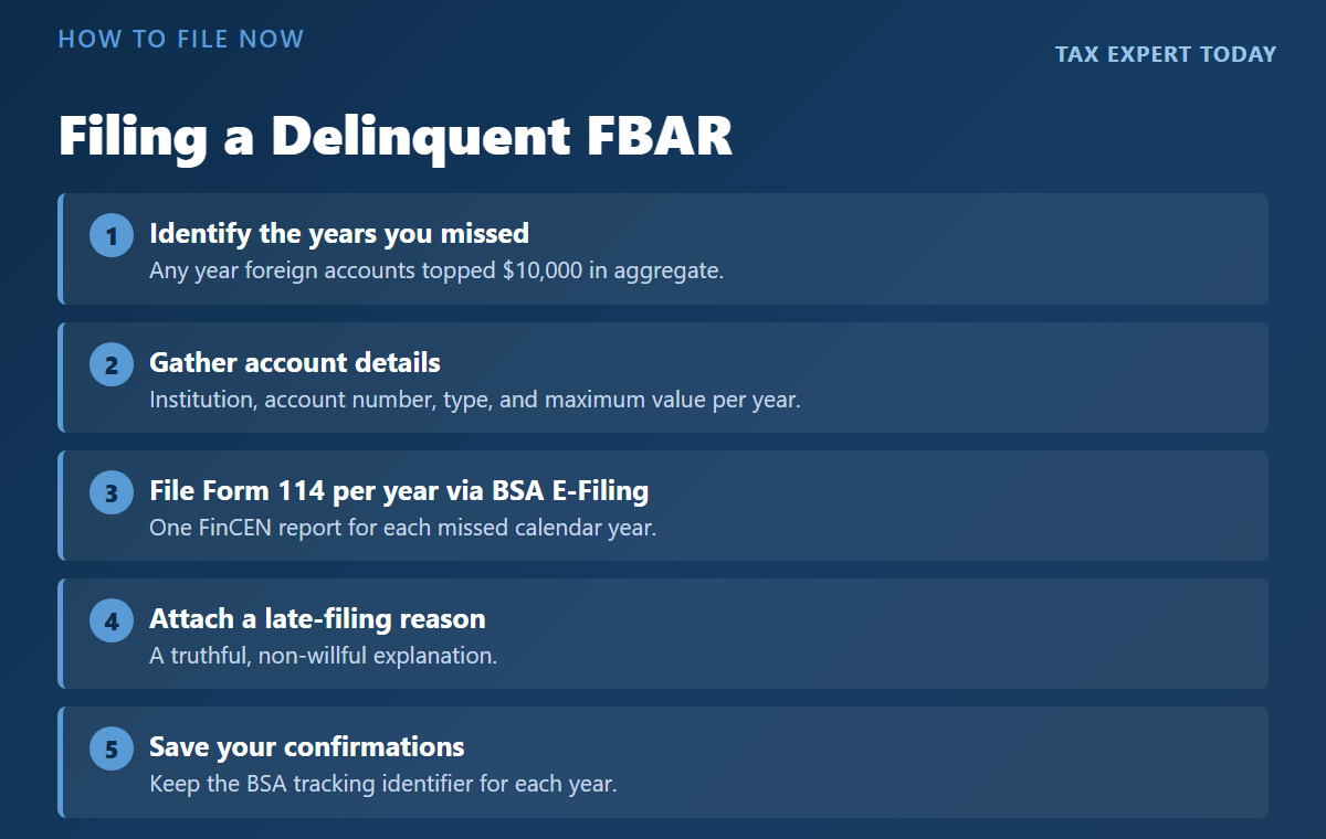 Five steps to file a delinquent FBAR: identify years over $10,000, gather account details, file FinCEN Form 114 per year, attach a late-filing reason, save confirmations