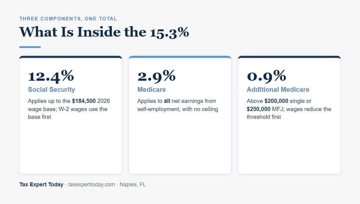 The three components of self-employment tax: 12.4 percent Social Security, 2.9 percent Medicare, and 0.9 percent Additional Medicare