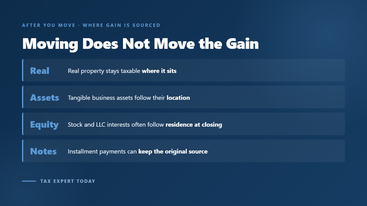 How gain on real property, business assets, equity interests, and installment notes is sourced after moving to Texas