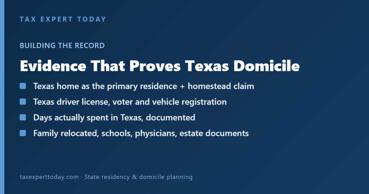 Evidence that proves Texas domicile: home and homestead, driver license and registrations, days present, and family ties