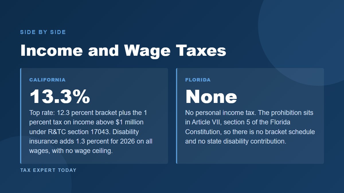 California 13.3 percent top income tax rate compared with Florida having no personal income tax