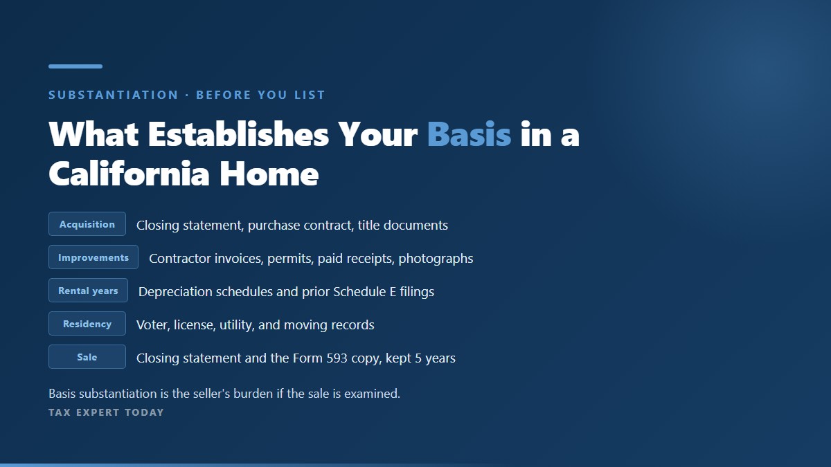 Records that establish basis in a California home: acquisition, improvements, rental years