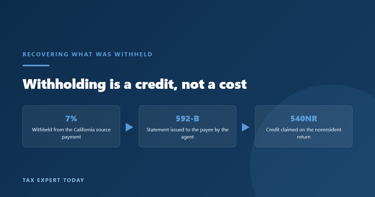 Flow diagram showing California withholding on Form 592-B becoming a credit claimed on Form 540NR by a nonresident taxpayer