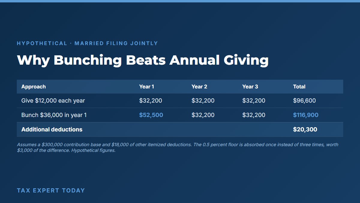 Table comparing annual charitable giving with bunching three years into a donor advised fund in 2026