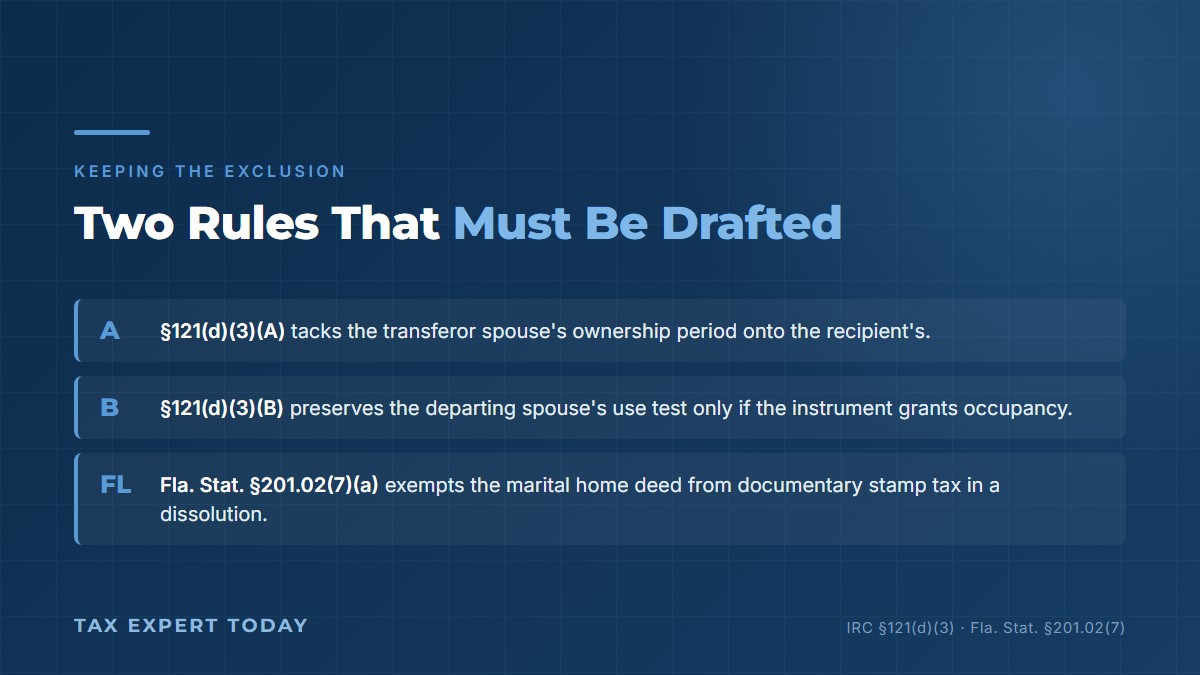 Section 121(d)(3) ownership tacking and use by a former spouse, plus the Florida documentary stamp exemption