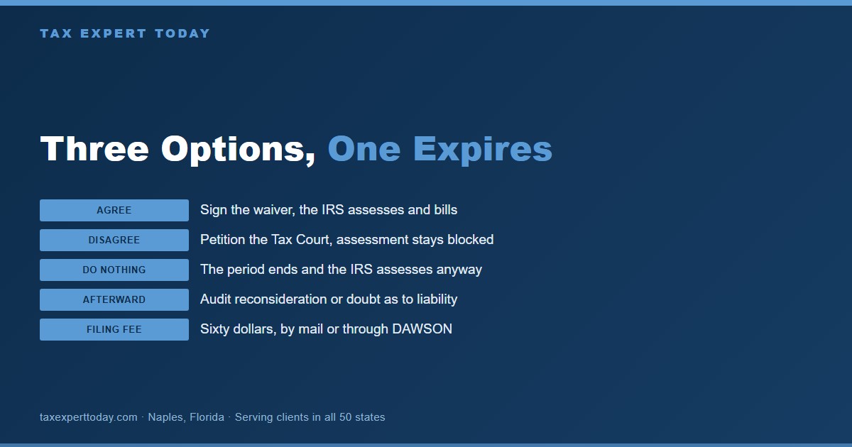 The three options after receiving an IRS notice of deficiency, signing the waiver form, filing a United States Tax Court petition, or taking no action and allowing assessment when the period expires