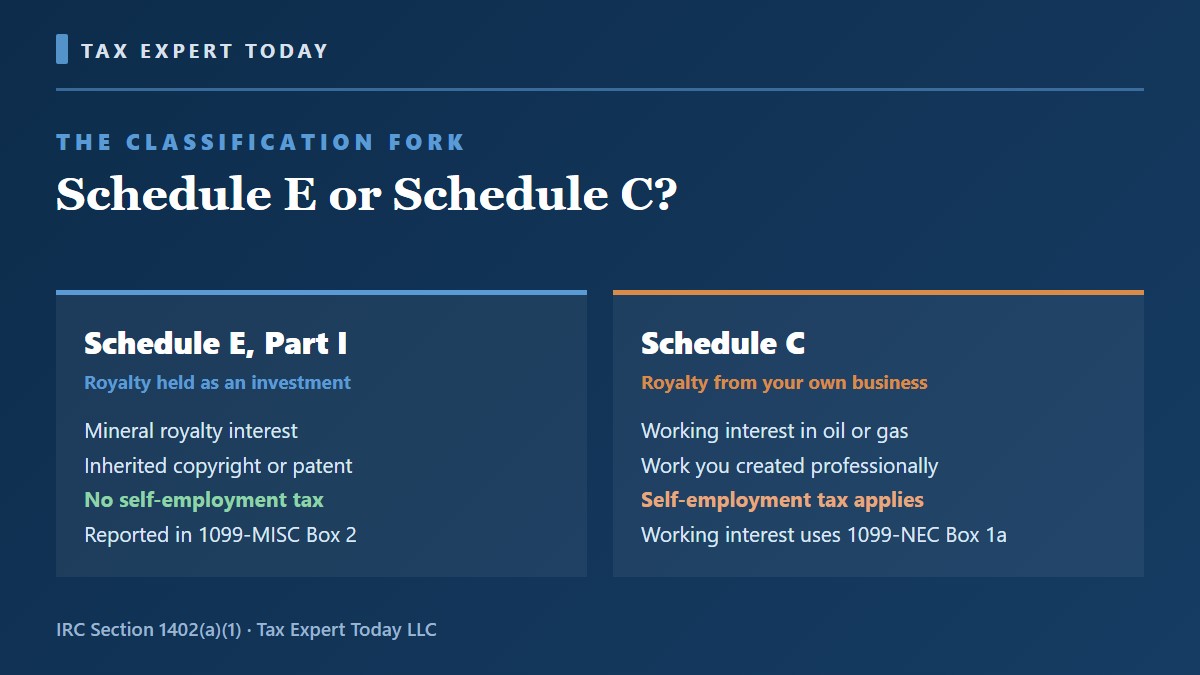 Chart comparing Schedule E and Schedule C treatment of royalty income, including which one carries self-employment tax