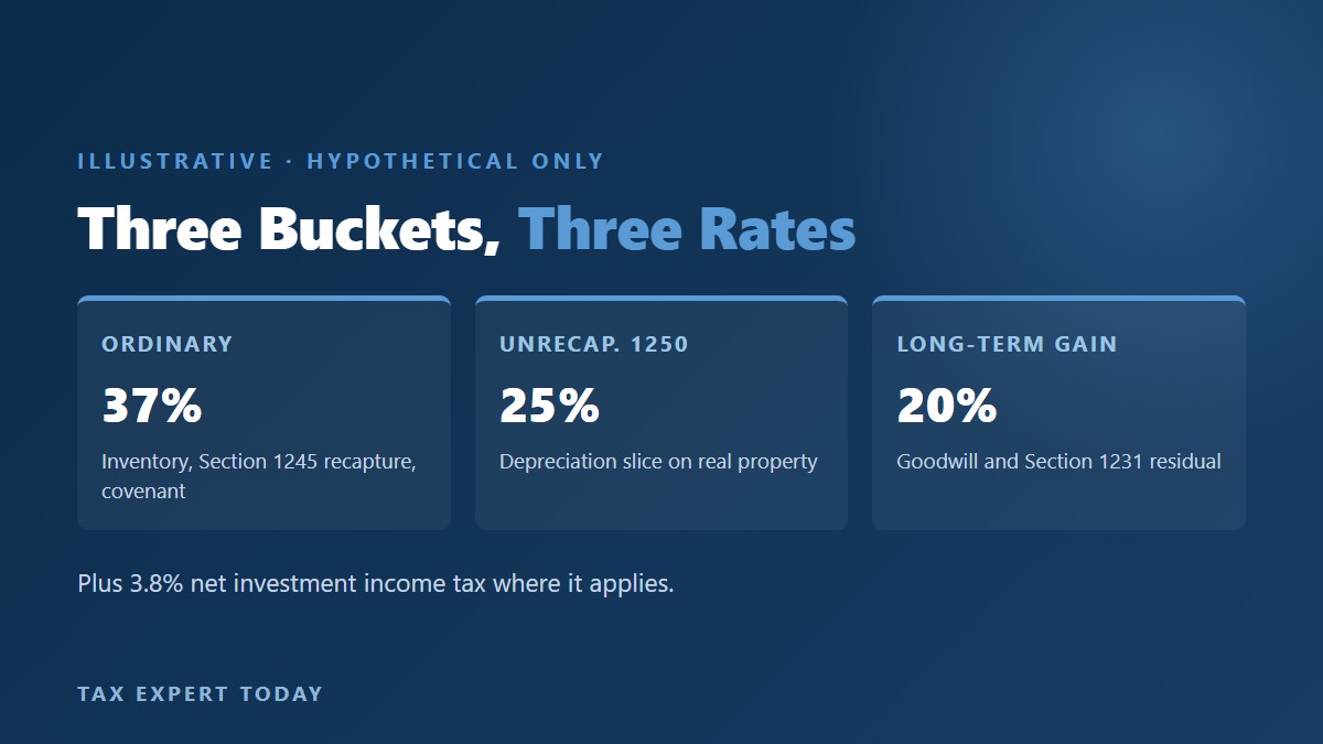 Three tax buckets on a business sale: ordinary income, unrecaptured Section 1250 gain at 25 percent, and long-term capital gain