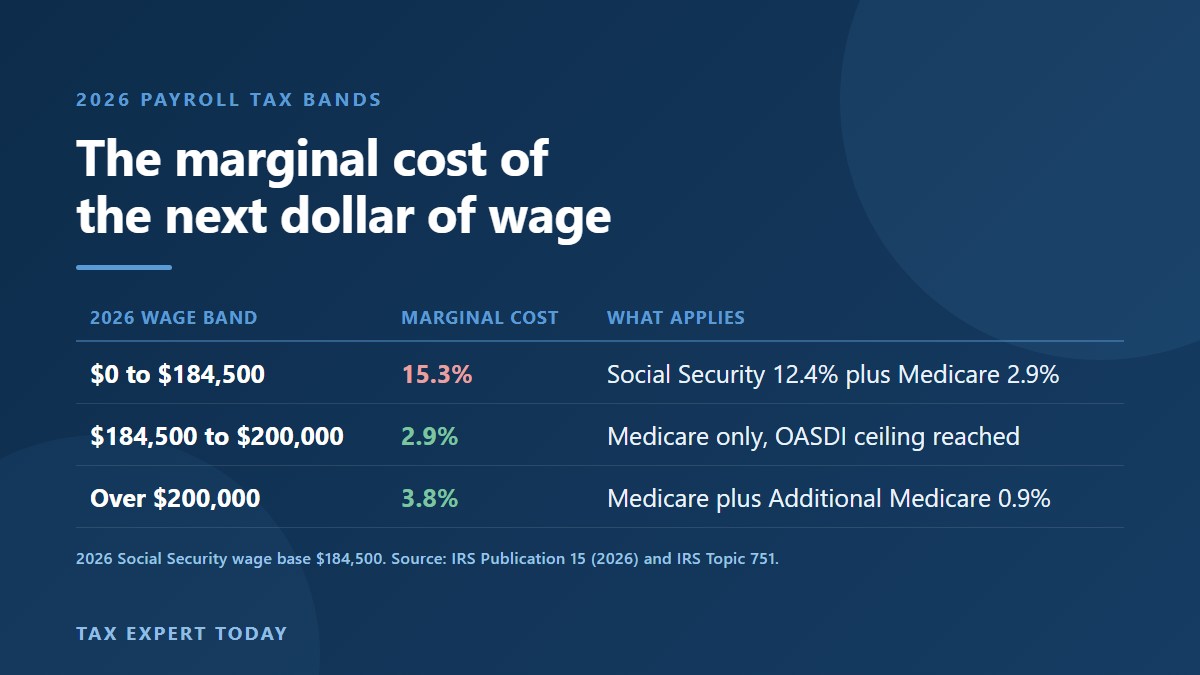 Marginal payroll tax cost by 2026 wage band, 15.3 percent below the 184500 dollar Social Security wage base and 2.9 percent above it