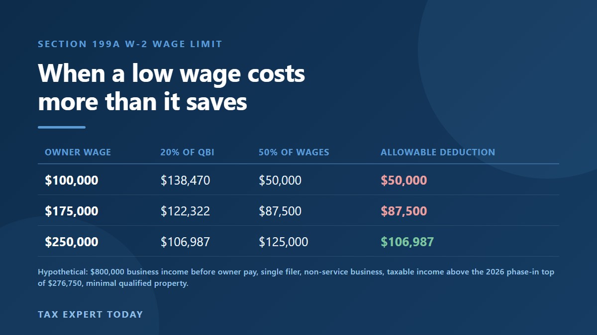 Section 199A W-2 wage limit table showing how a low owner wage caps the qualified business income deduction