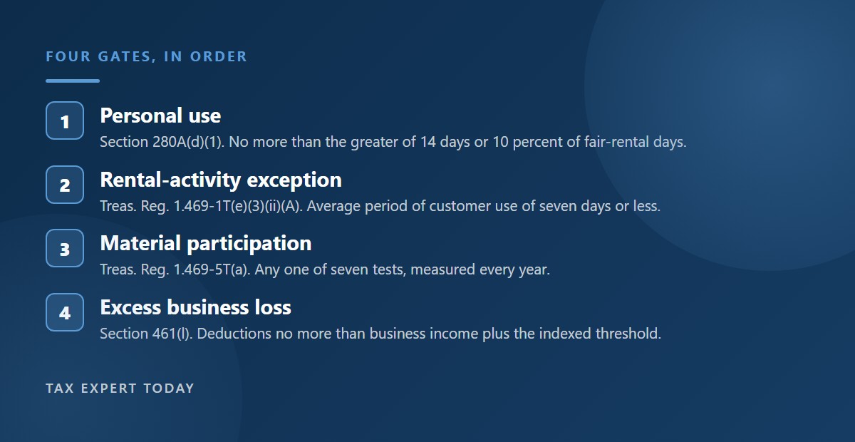 The four gates a short term rental loss must clear in order: Section 280A personal use, the seven day rental activity exception, material participation, and the Section 461(l) excess business loss limitation
