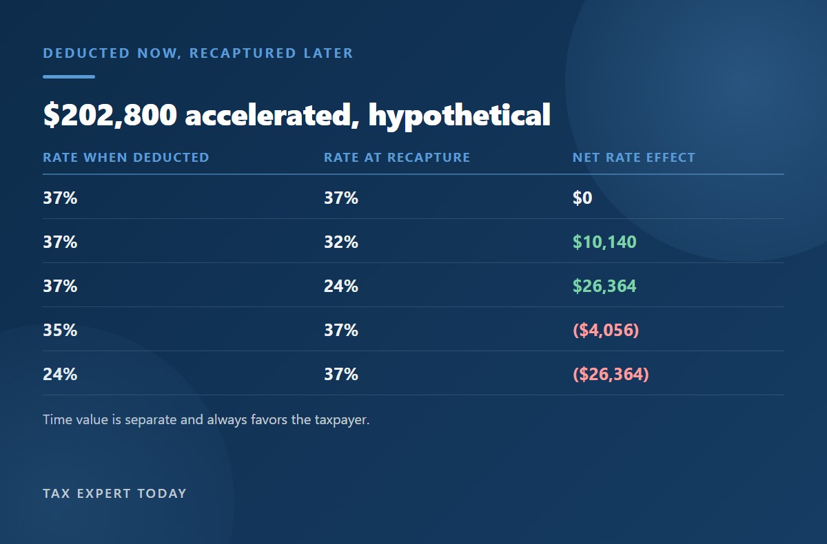Net rate effect of 202800 dollars of accelerated depreciation deducted and later recaptured at different marginal rates, zero at 37 percent both ways
