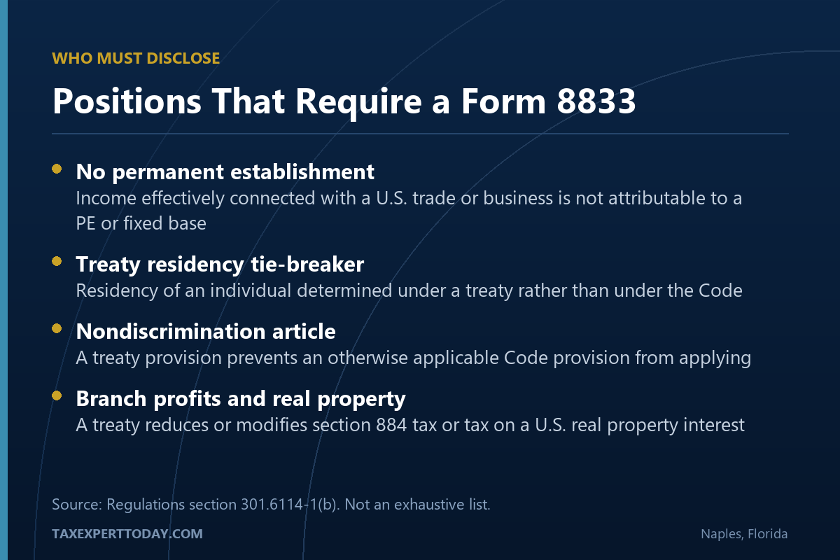 Treaty positions that specifically require a Form 8833 under Regulations section 301.6114-1(b)