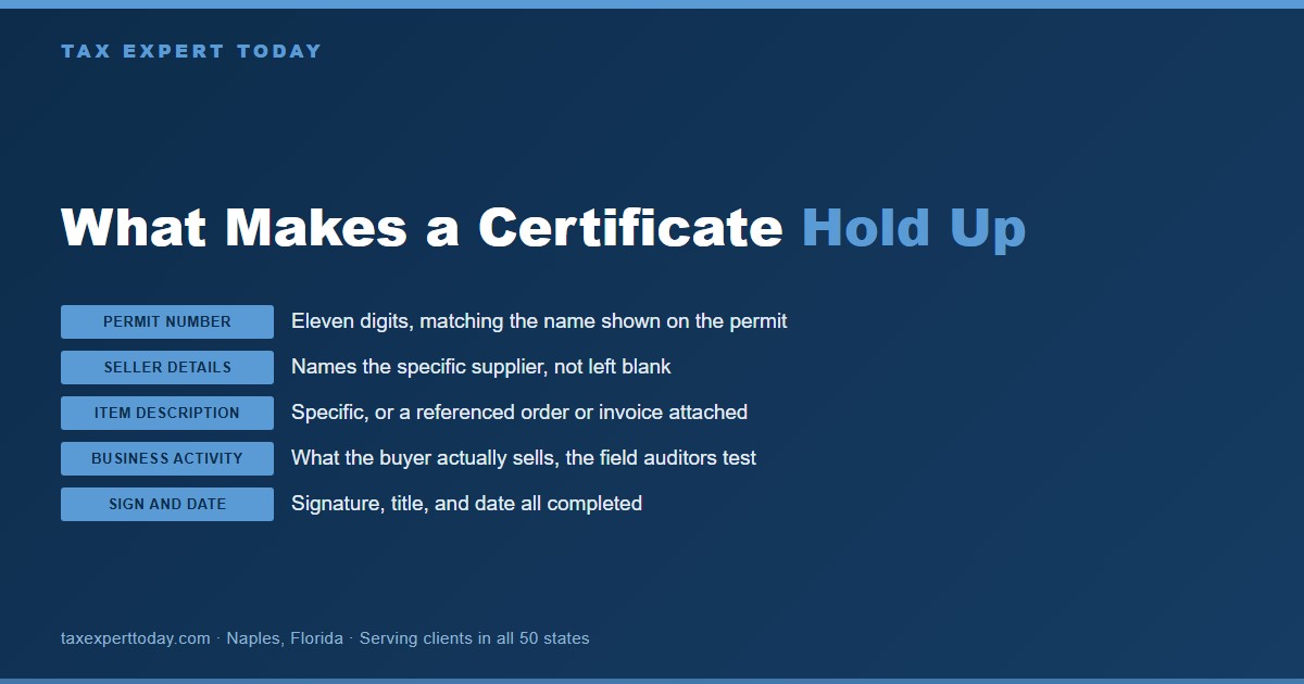 Chart of the fields required on Form 01-339 for a Texas resale certificate to hold up in an audit, covering the eleven digit permit number, seller details, item description, business activity description, and signature