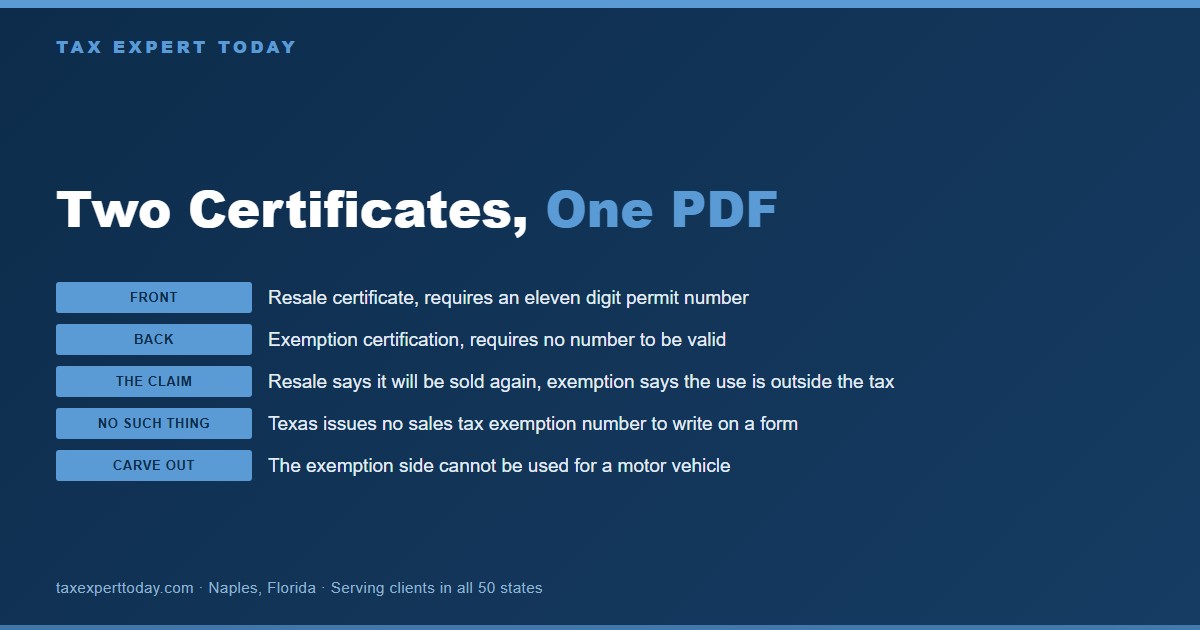 Comparison of the two certificates printed on Form 01-339, showing that the front is the resale certificate requiring an eleven digit permit number and the back is the exemption certification requiring no number