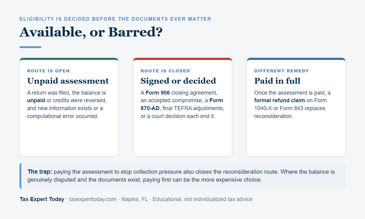 Comparison of when IRS audit reconsideration is available versus when a refund claim or other remedy is required