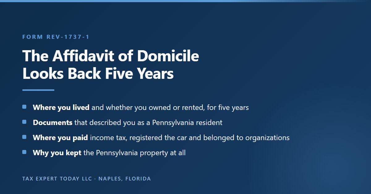 Pennsylvania Form REV-1737-1 Affidavit of Domicile questions covering the five years before death: residences owned or rented, documents describing the decedent as a Pennsylvania resident, where income tax was paid, vehicle registration, memberships and the purpose of the Pennsylvania property