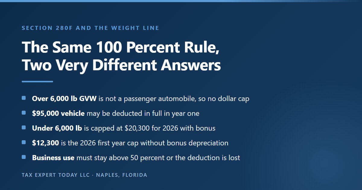 Comparison of bonus depreciation on vehicles for 2026 showing that a vehicle rated above 6,000 pounds gross vehicle weight escapes the section 280F dollar caps so the full cost may be deducted in the first year, while a passenger automobile under that weight is limited to 20,300 dollars in 2026 with bonus depreciation and 12,300 dollars without it, and that business use must remain above 50 percent