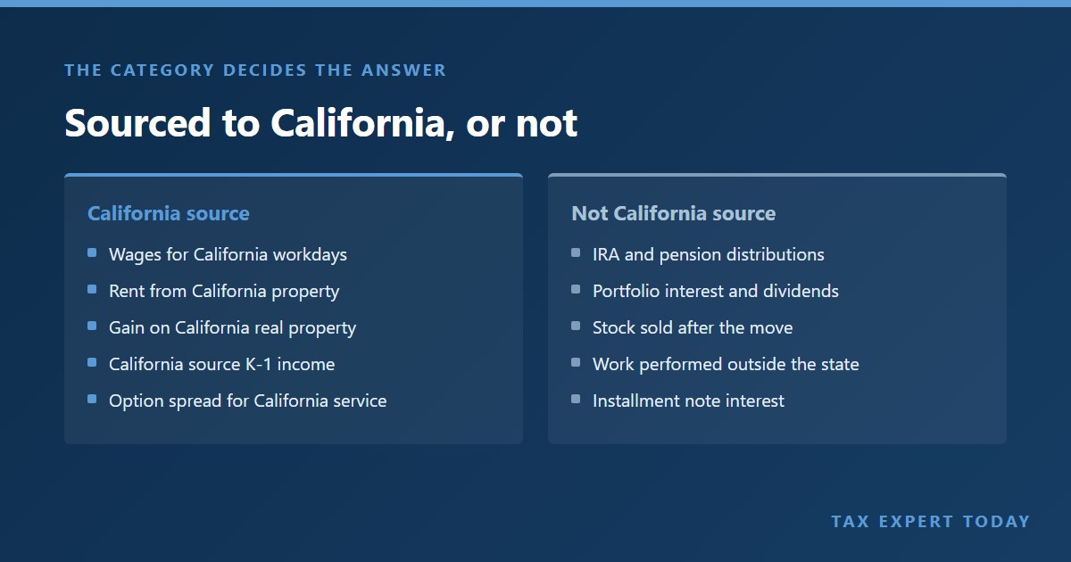 Two column comparison of income sourced to California versus income that is not California source