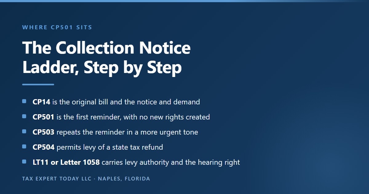 The IRS collection notice ladder showing where the CP501 sits, beginning with the CP14 original bill and notice and demand, then the CP501 first reminder, the CP503 second reminder, the CP504 notice of intent to levy a state tax refund, and finally the LT11 or Letter 1058 final notice that carries general levy authority and the Collection Due Process hearing right