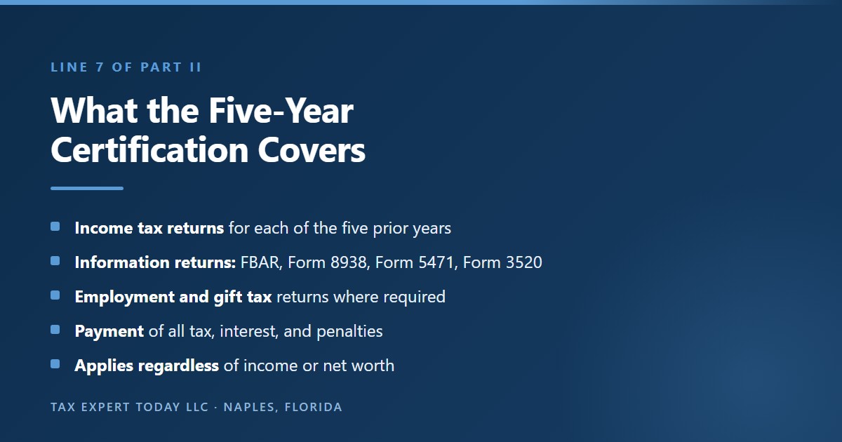 What the Form 8854 five-year certification covers: income tax returns for each of the five years before expatriation, information returns such as the FBAR, Form 8938, Form 5471, and Form 3520, employment and gift tax returns where required, and payment of all tax, interest, and penalties, with failure making the person a covered expatriate regardless of income or net worth