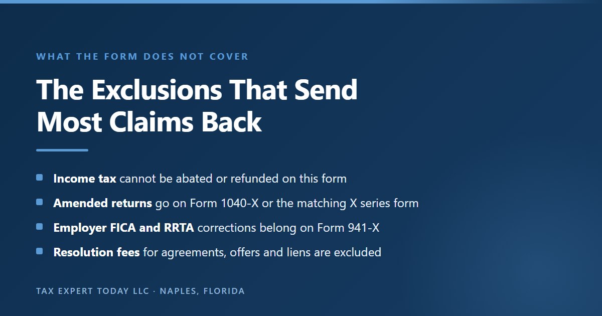 The Form 843 exclusions that cause most claims to be returned, including income tax, amended returns which belong on Form 1040-X, employer FICA and RRTA corrections which belong on Form 941-X, and installment agreement, offer in compromise and lien fees