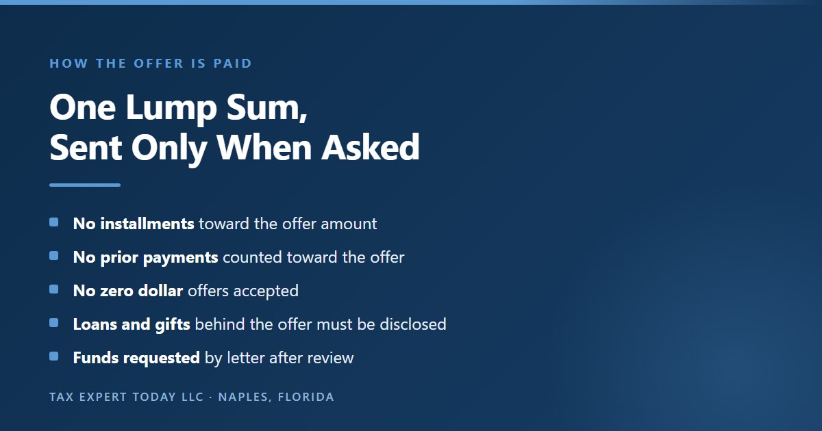 Summary of California Franchise Tax Board offer in compromise payment rules, showing that the offer must be a single lump sum, installments and prior payments are not accepted toward it, zero dollar offers are refused, loans and gifts must be disclosed, and funds are sent only when the agency requests them by letter