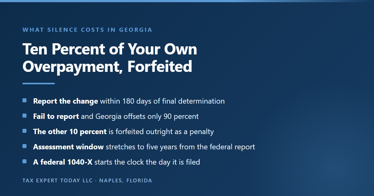 The consequence under O.C.G.A. section 48-7-82 of failing to report a federal change to Georgia within 180 days of the final determination date, being that the commissioner offsets only 90 percent of any overpayment against additional tax while the remaining 10 percent is forfeited outright as a penalty, that the assessment window extends to five years from receipt of the federal report, and that filing a federal Form 1040-X starts the 180 day clock on the day it is filed