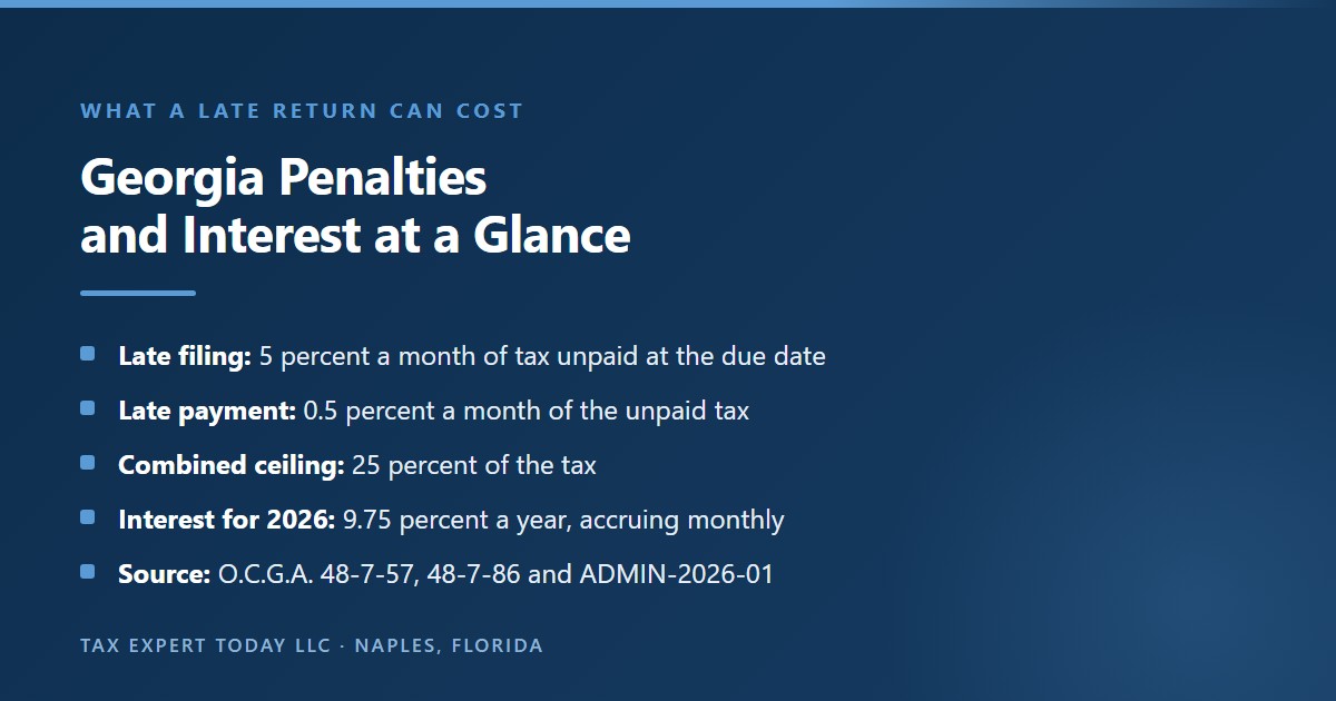 Georgia income tax penalties at a glance: a late filing penalty of 5 percent per month of the tax not paid by the original due date, a late payment penalty of 0.5 percent per month of the unpaid tax, a combined ceiling of 25 percent, and interest at 9.75 percent for 2026 under Policy Bulletin ADMIN-2026-01