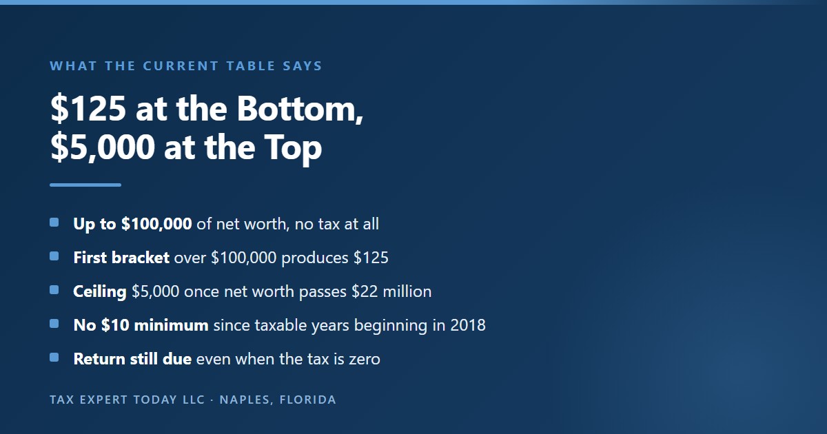 The current Georgia corporate net worth tax table under O.C.G.A. section 48-13-73, showing that net worth of one hundred thousand dollars or less produces no tax, that the first taxable bracket above that produces one hundred and twenty five dollars, that the table reaches a ceiling of five thousand dollars once net worth exceeds twenty two million dollars, that the former ten dollar minimum tax was repealed for taxable years beginning on or after January 1 2018, and that a return remains required even when no tax is due