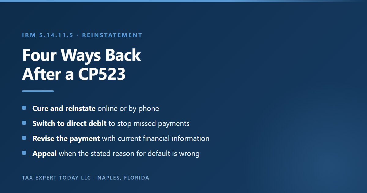 Four paths back to a working IRS payment plan after a CP523 notice under IRM 5.14.11.5: cure the default and reinstate online or by phone, convert to a direct debit installment agreement, revise the monthly payment with current financial information, or request a Collection Appeals Program appeal when the stated reason for default is wrong