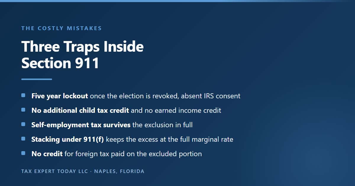 Summary of three traps inside Internal Revenue Code section 911, being the five tax year bar on re-electing the exclusion after a revocation under section 911(e) absent consent of the Secretary, the loss of the additional child tax credit and the earned income credit, the survival of self-employment tax, the stacking rule under section 911(f) that taxes non-excluded income at unreduced rates, and the prohibition on claiming a foreign tax credit for taxes paid on excluded income